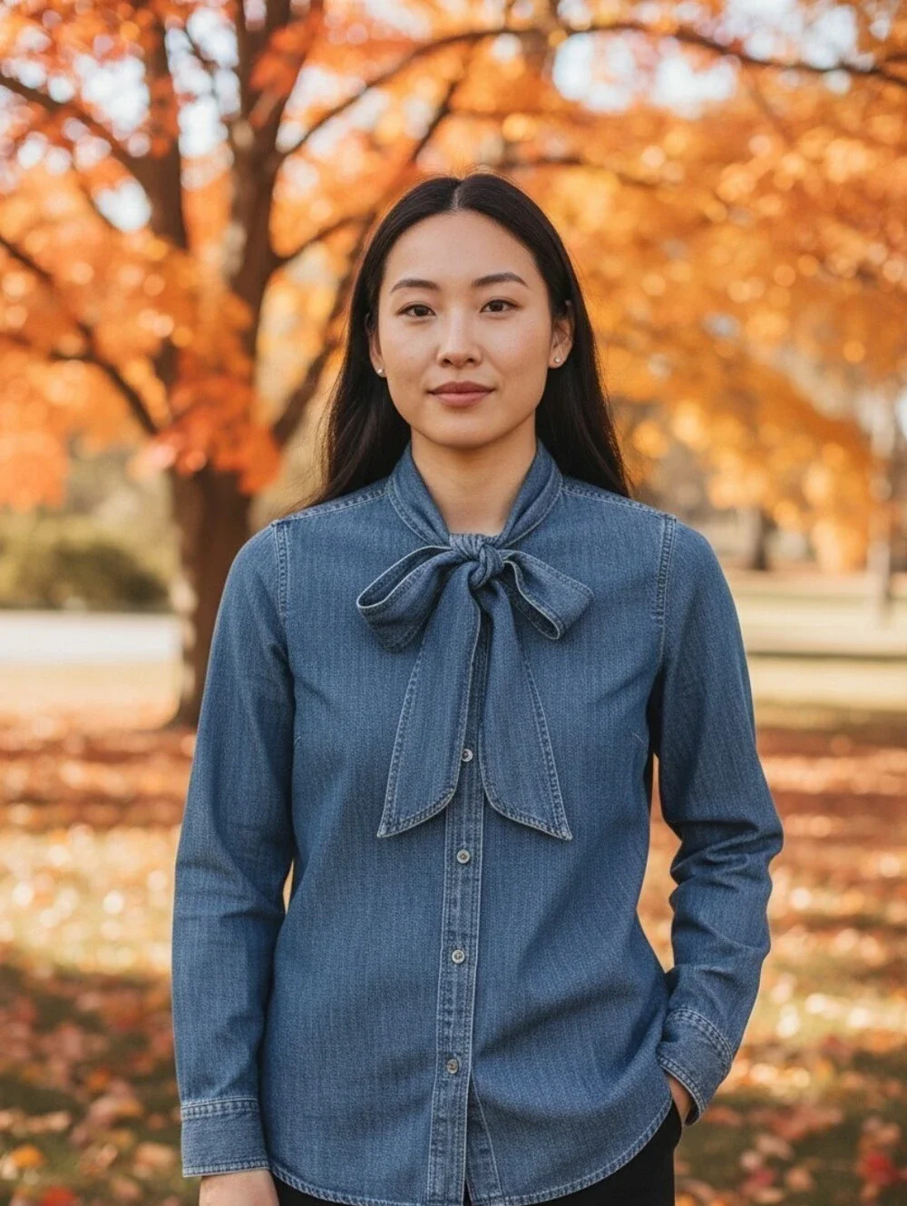 J. Crew Denim Classic-fit chambray bow shirt Sz Large Cotton Blue WT304